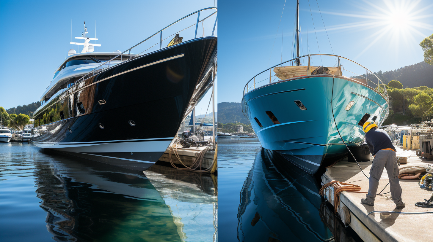 two different boats, one black and one sky blue, side by side after a fresh detail by scottsdale auto detailing