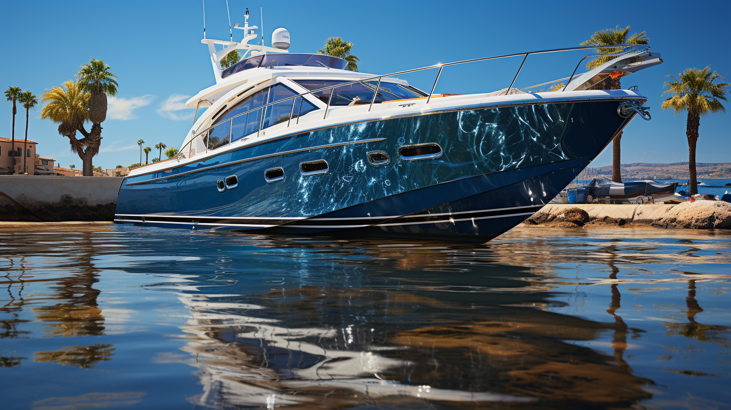 a freshly detailed boat with a blue hull and a white top glistening in the sun
