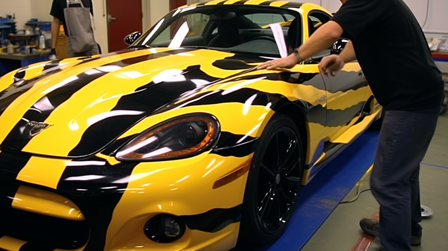 dodge viper vinyl wrapped with yellow and black stripes