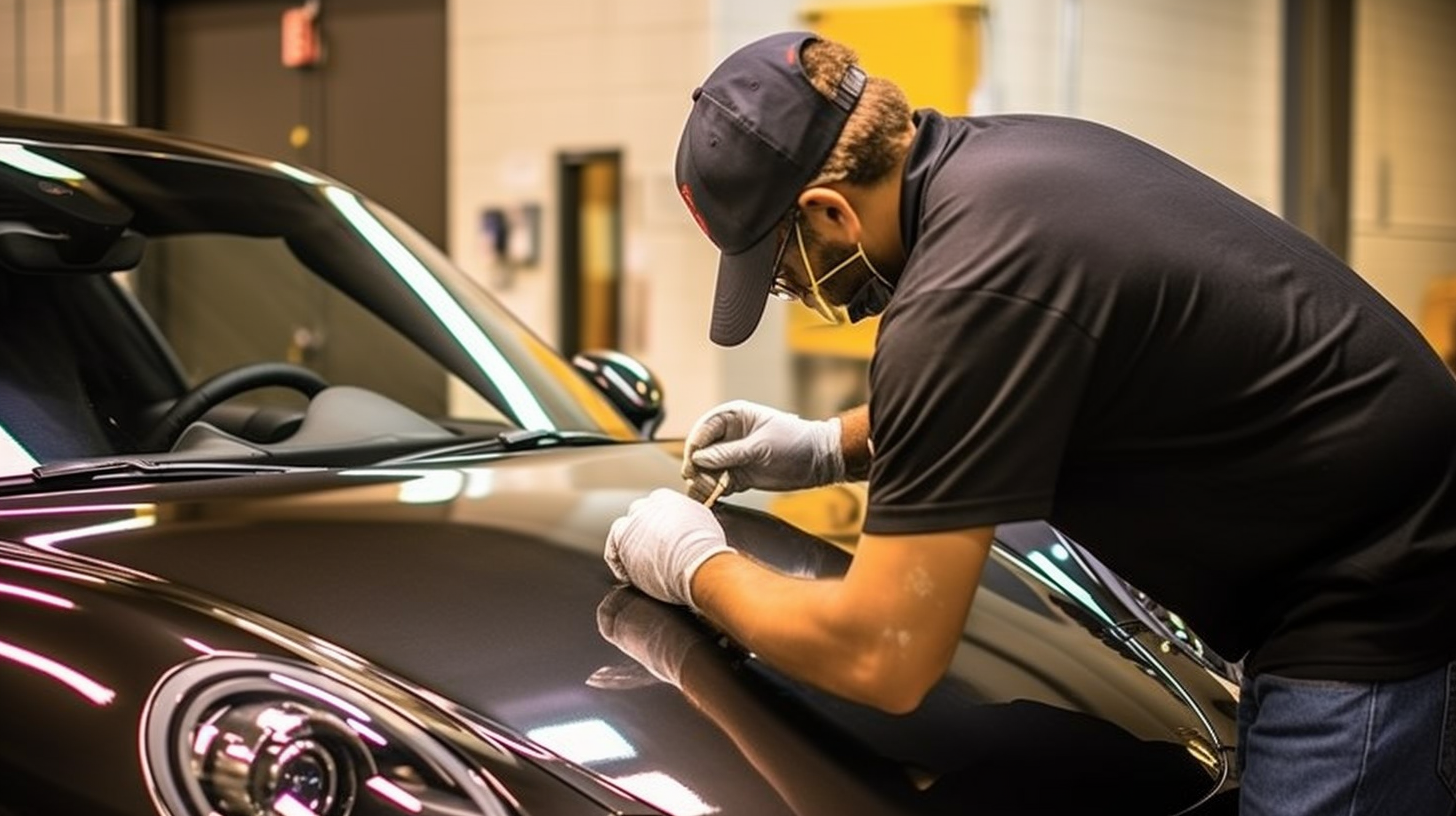 auto technician from our company smoothing out freshly applied paint protection film on a black porsche