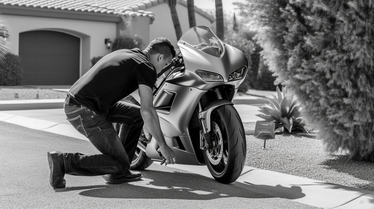 black and white scale photo of a man kneeled over polishing the paint of a ducati motorcycle