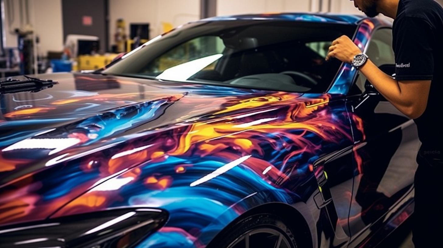 colorful custom vinyl wrap being applied to car