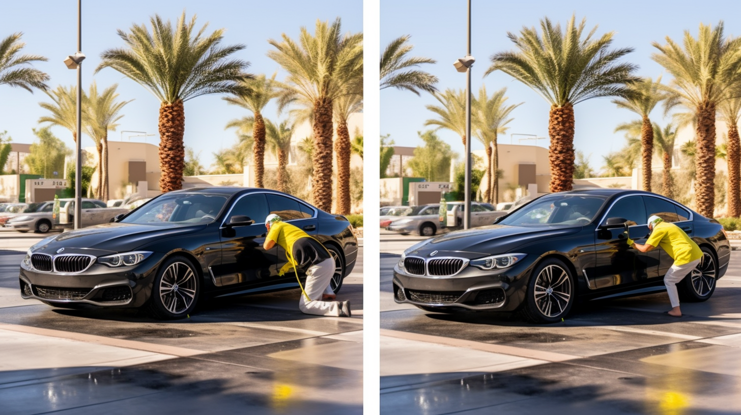 black luxury bmw being pressure washed and detailed in front of a business setting in scottsdale, arizona