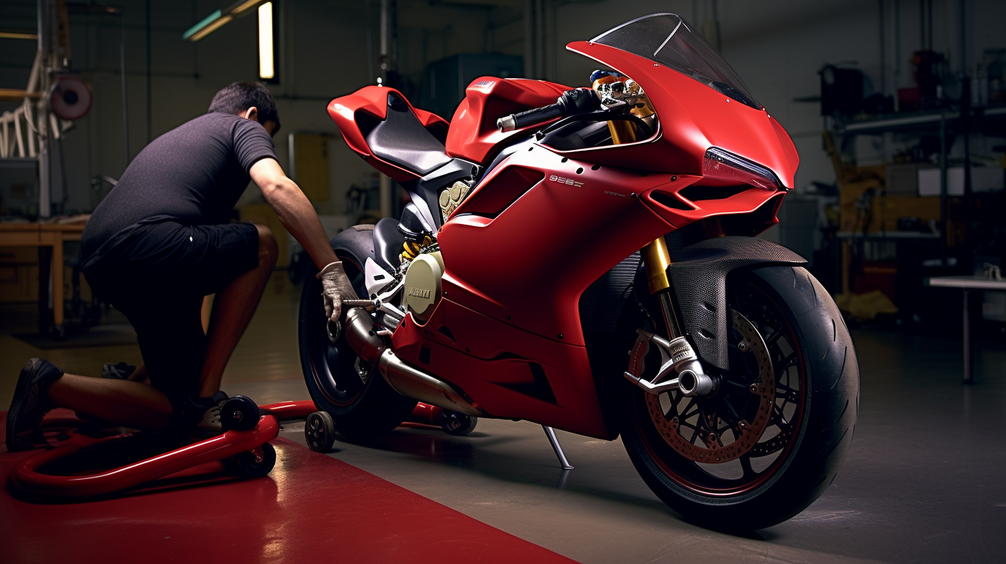 man kneeled over to polish the chrome exhaust tips of a red ducati motorcycle in his shop