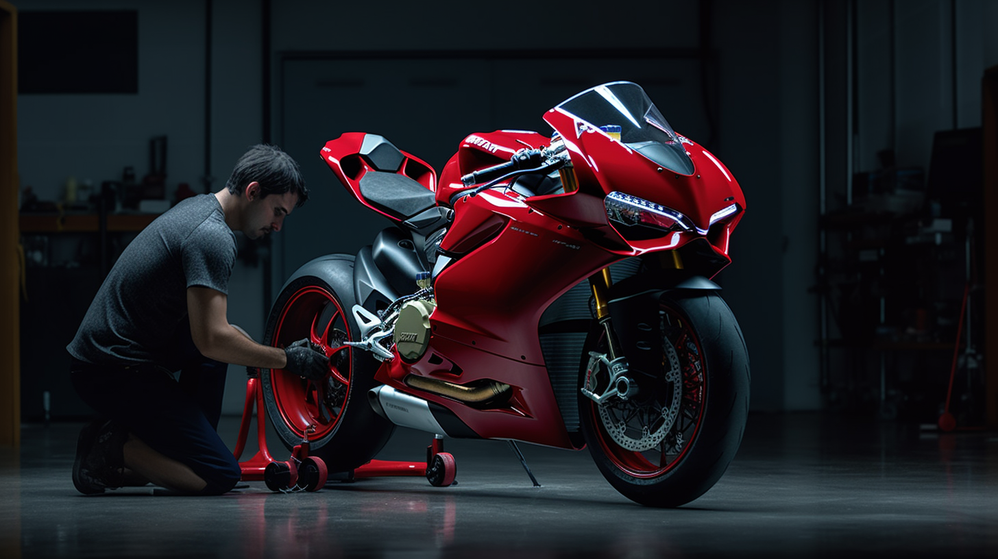 a man kneeled over polishing the wheels of a red ducati in his garage