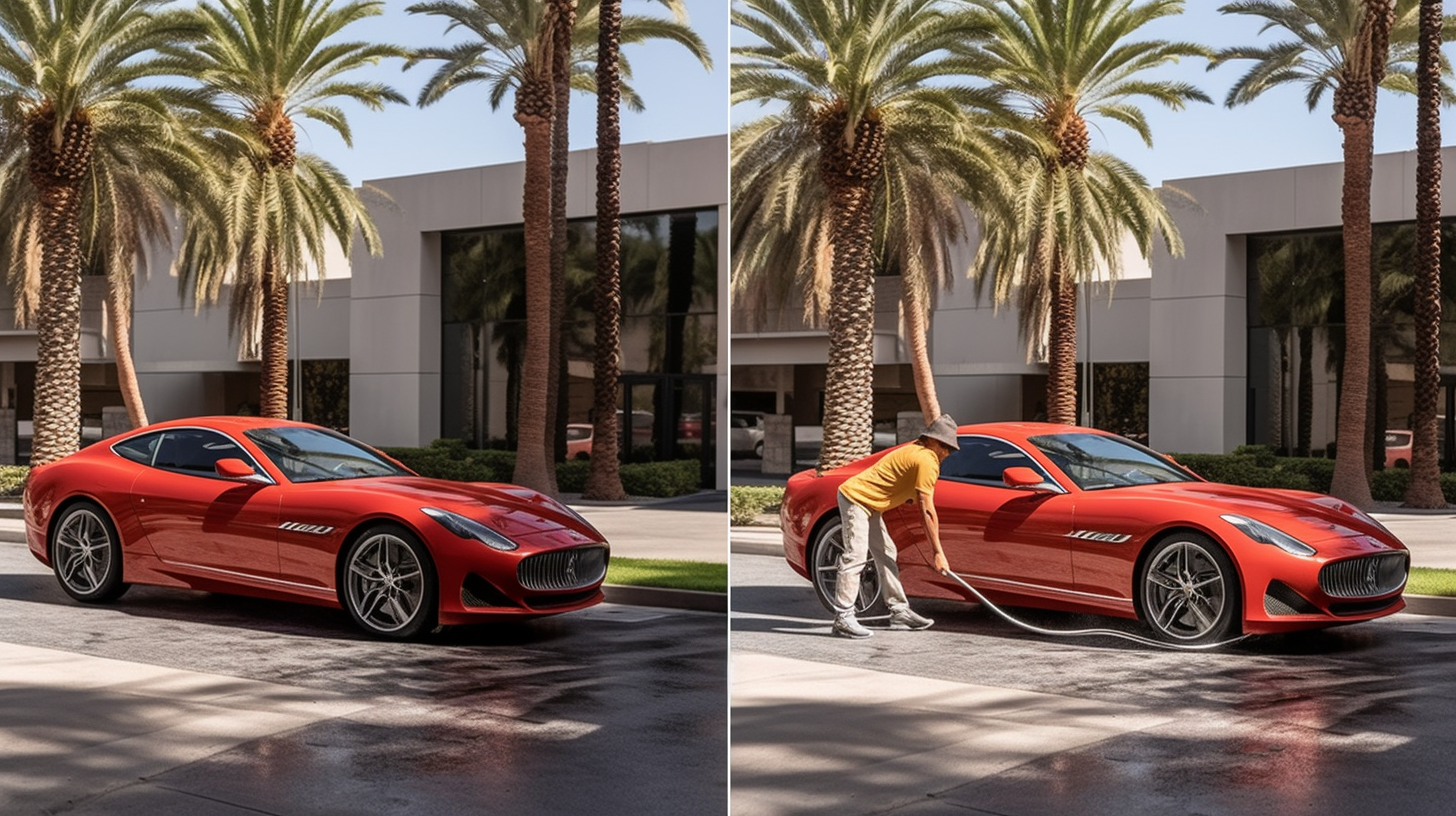 red maserati being pressure washed outside of a modern scottsdale, az home