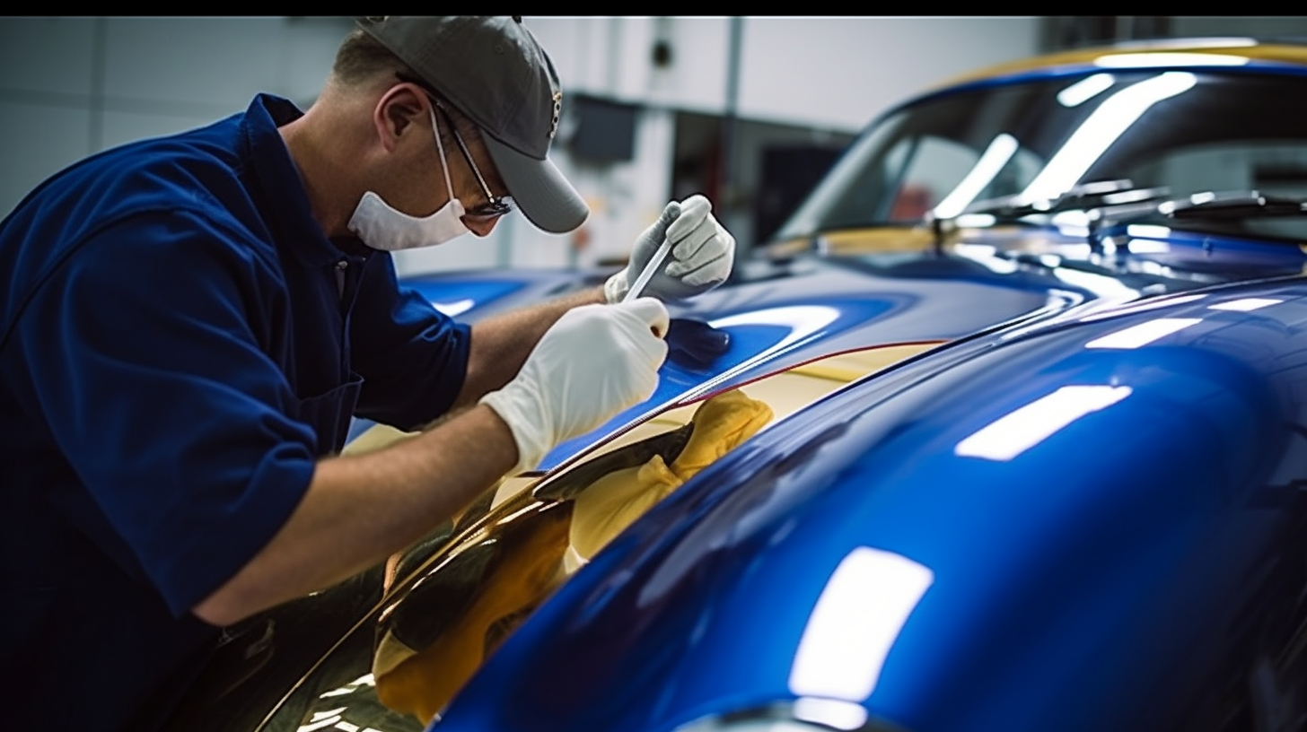 a blue classic car getting the finishing touches of a paint correction done