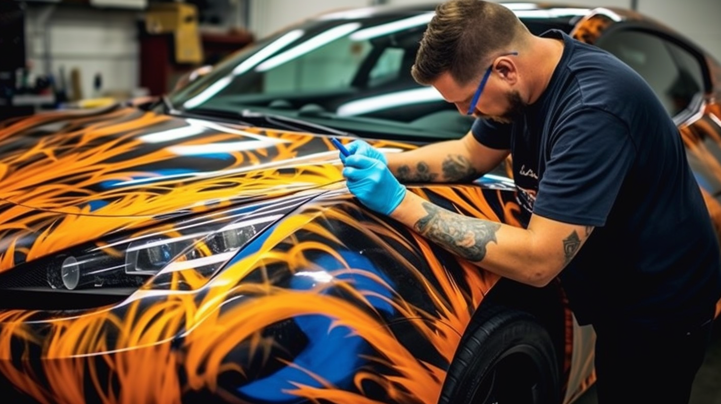 a technician applying the finishing touches to a vinyl wrap on a sports car