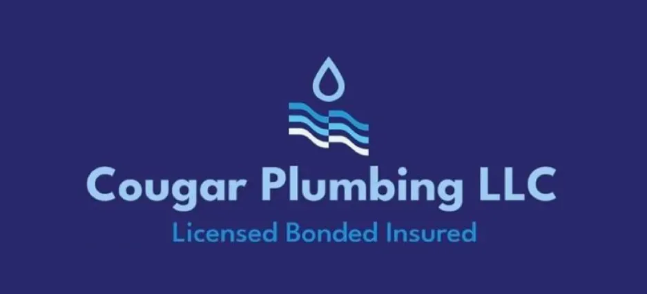 Cougar Plumbing LLC logo with water drop icon on a blue background;