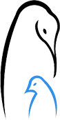 A black and white drawing of a penguin and a blue bird.