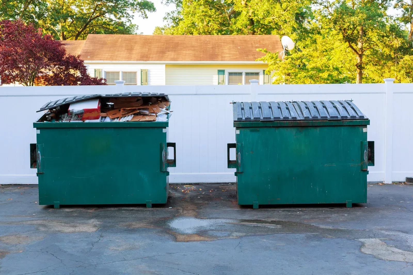Two green dumpsters, one damaged with open top, sit against a white fence in front of a house.