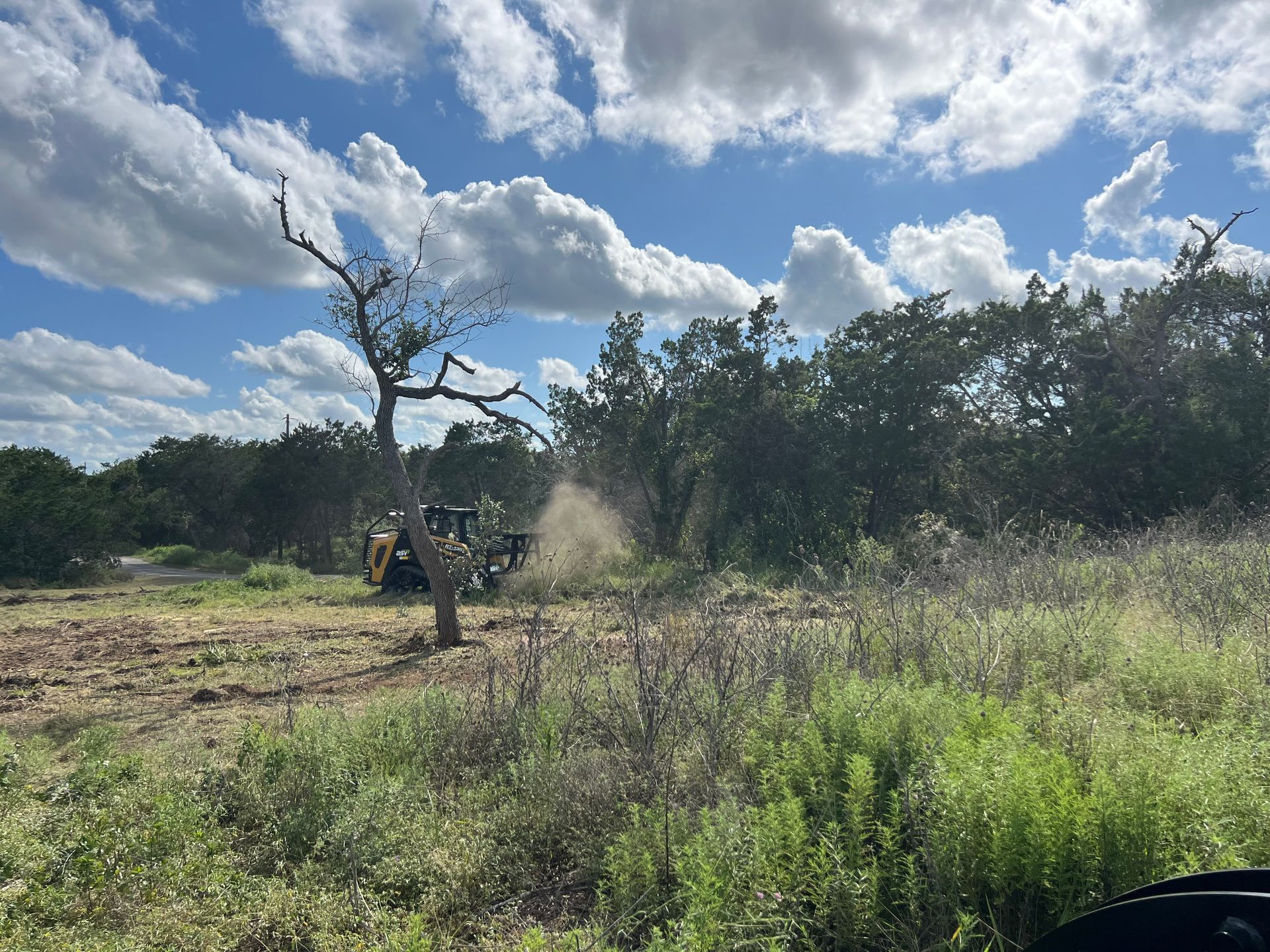 a yellow bulldozer is moving branches.