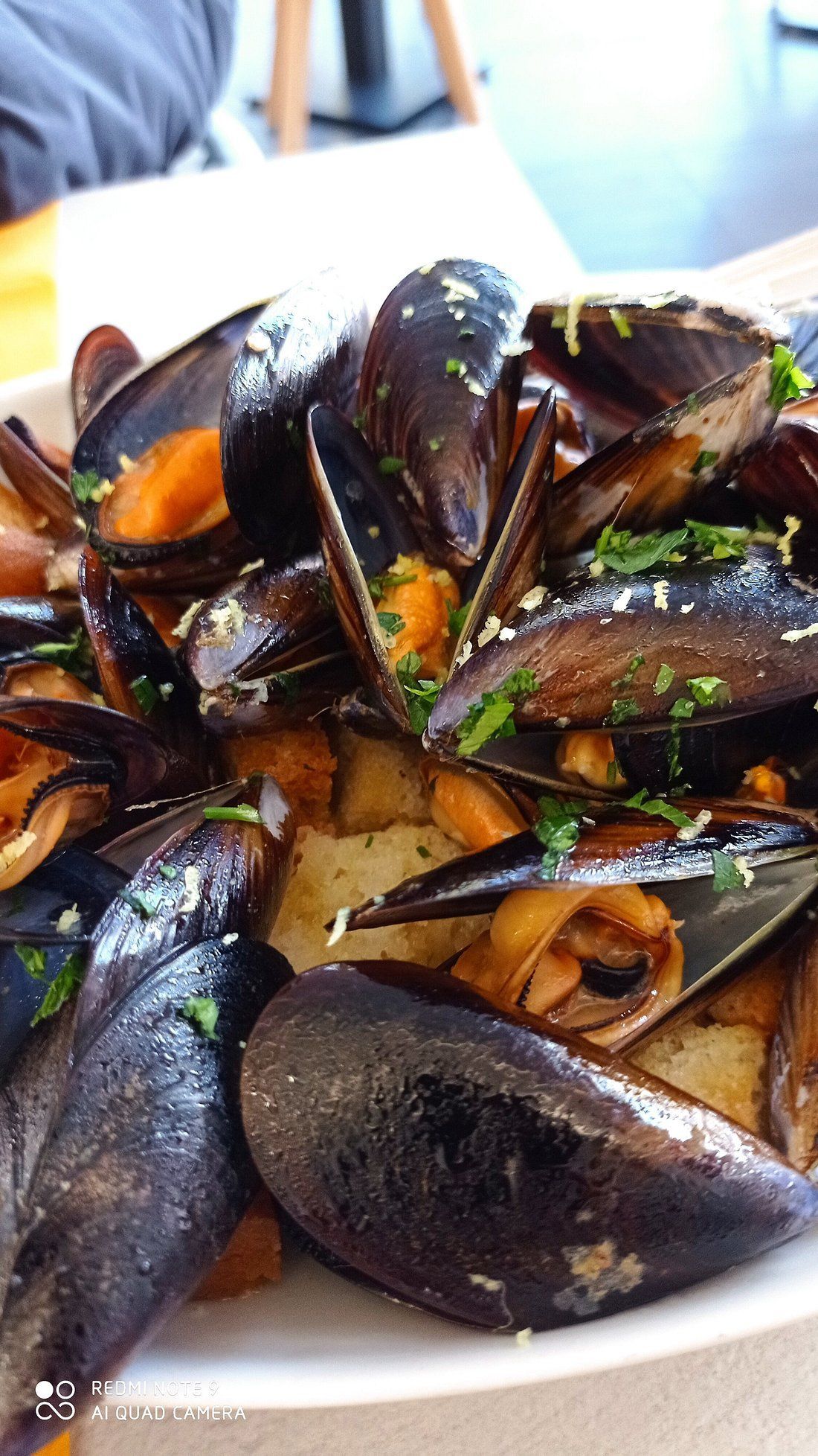 Piatto di cozze cotte in salsa lucida, guarnite con erbe aromatiche e fette di cipolla.