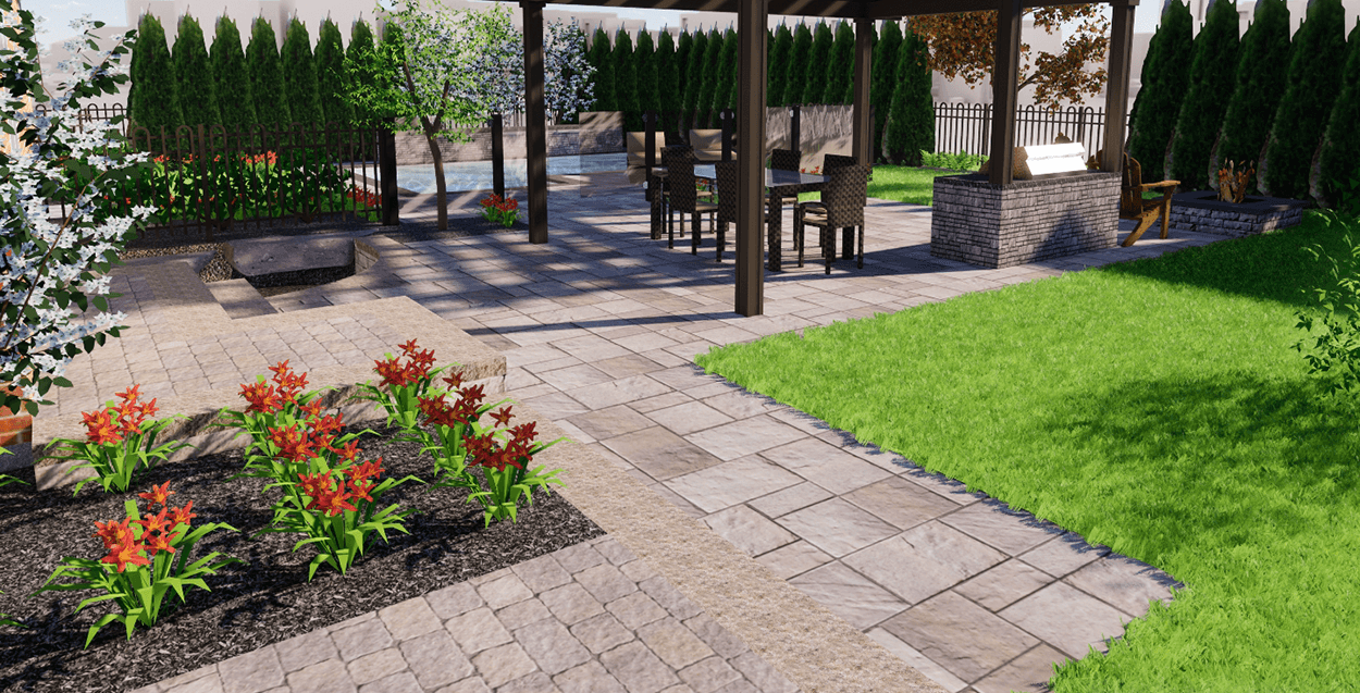 Un rendu 3D d'un patio avec une pergola et une passerelle.