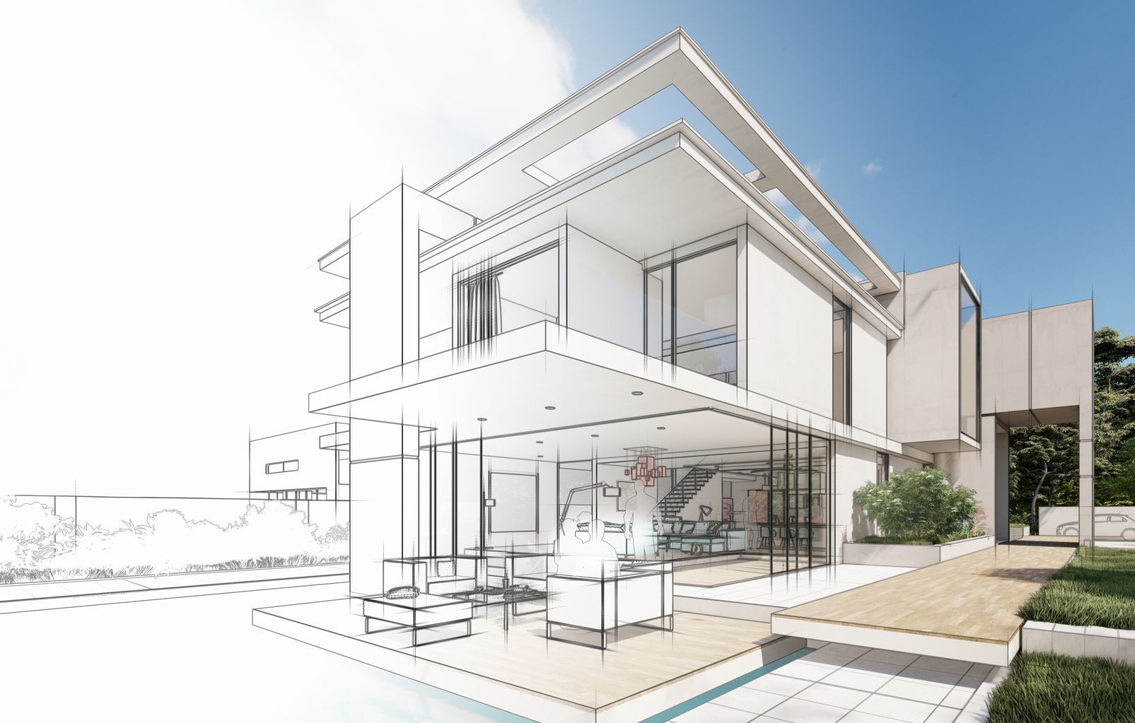 Un dessin en noir et blanc d'une maison moderne avec piscine.