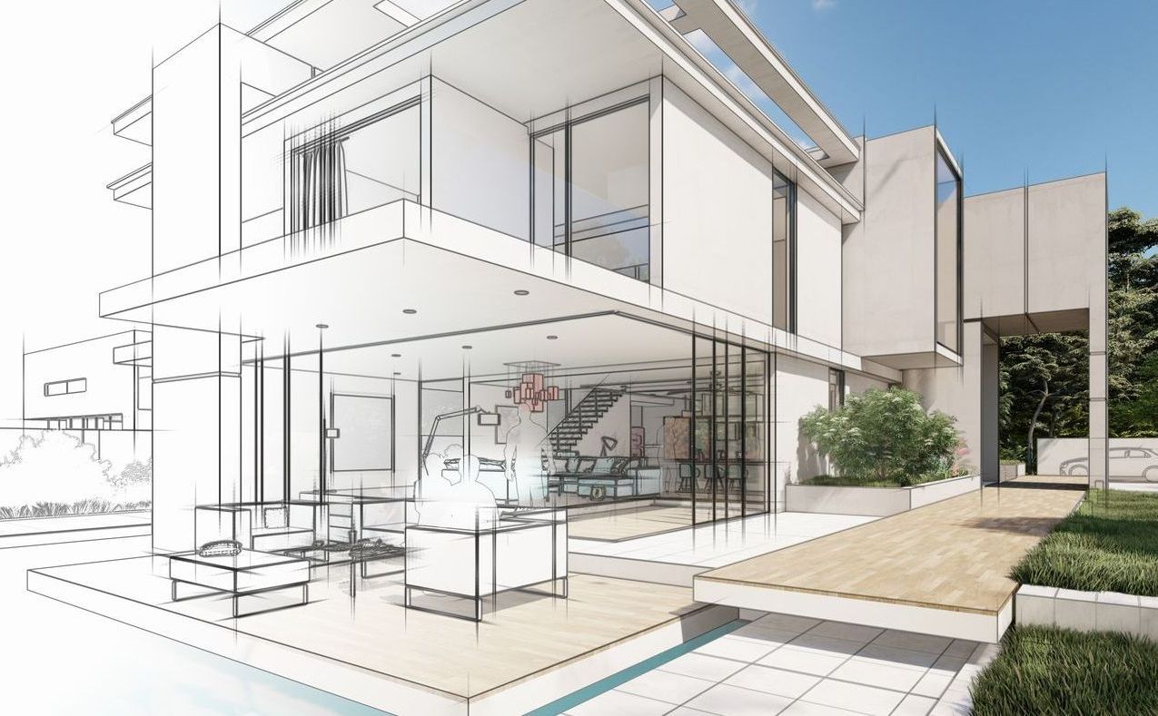 Croquis architectural d'une maison moderne avec une façade en verre et une terrasse en bois.