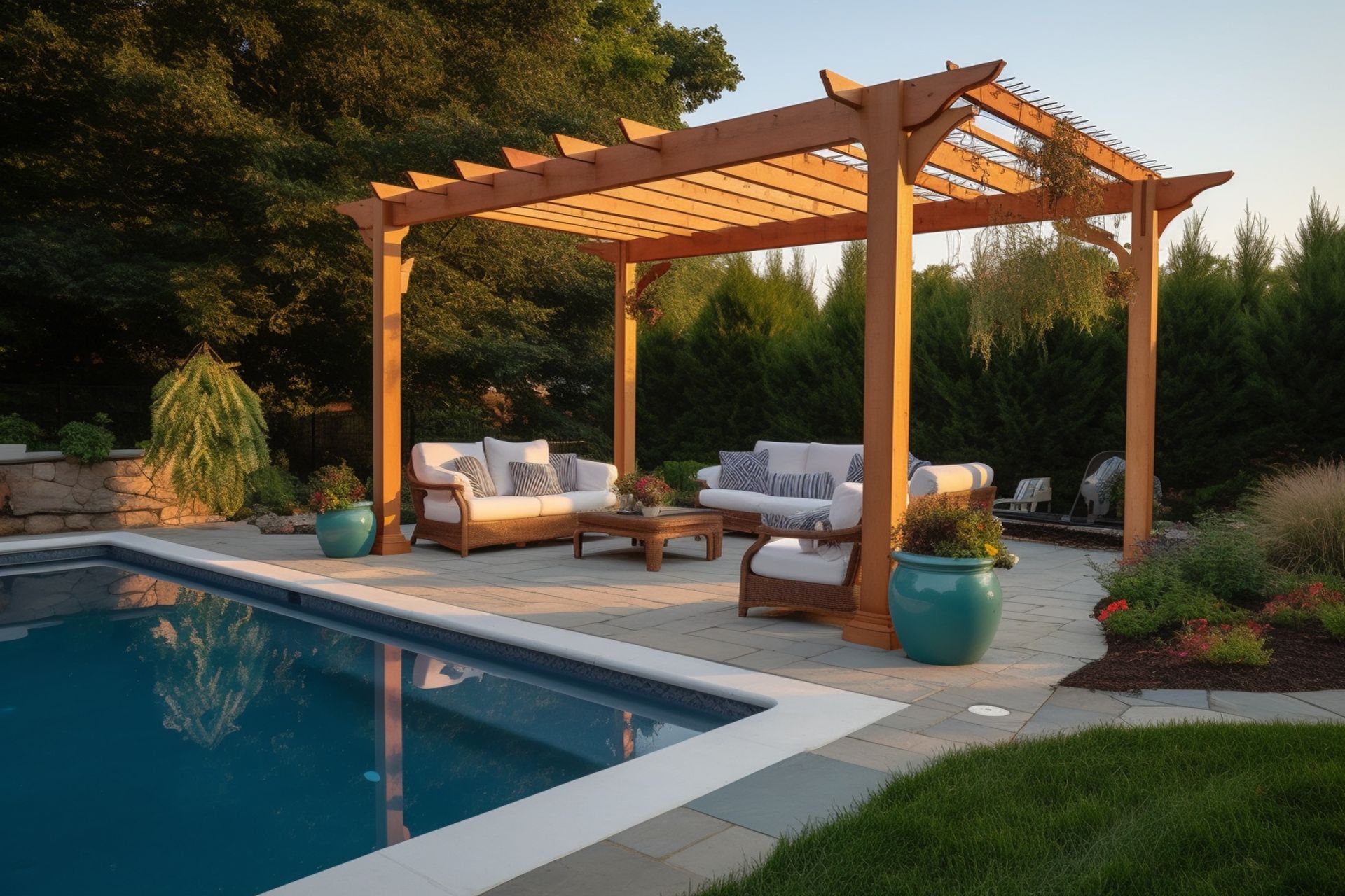 Pergola avec coin salon près d'une piscine; structure en bois, piscine bleue, herbe verte et arbres.