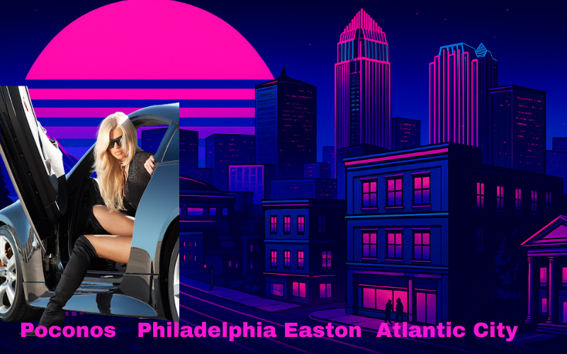 Woman in car, neon city skyline. Destinations: Poconos, Philadelphia, Easton, Atlantic City.