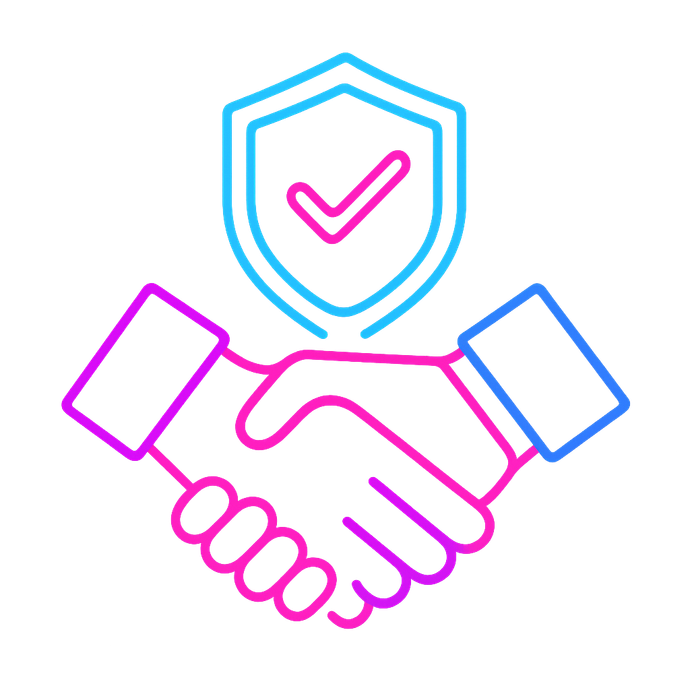 Handshake with shield and checkmark; agreement, protection, and assurance.