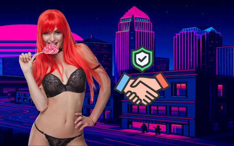 Woman in lingerie holding lollipop, cityscape background, handshake icon.