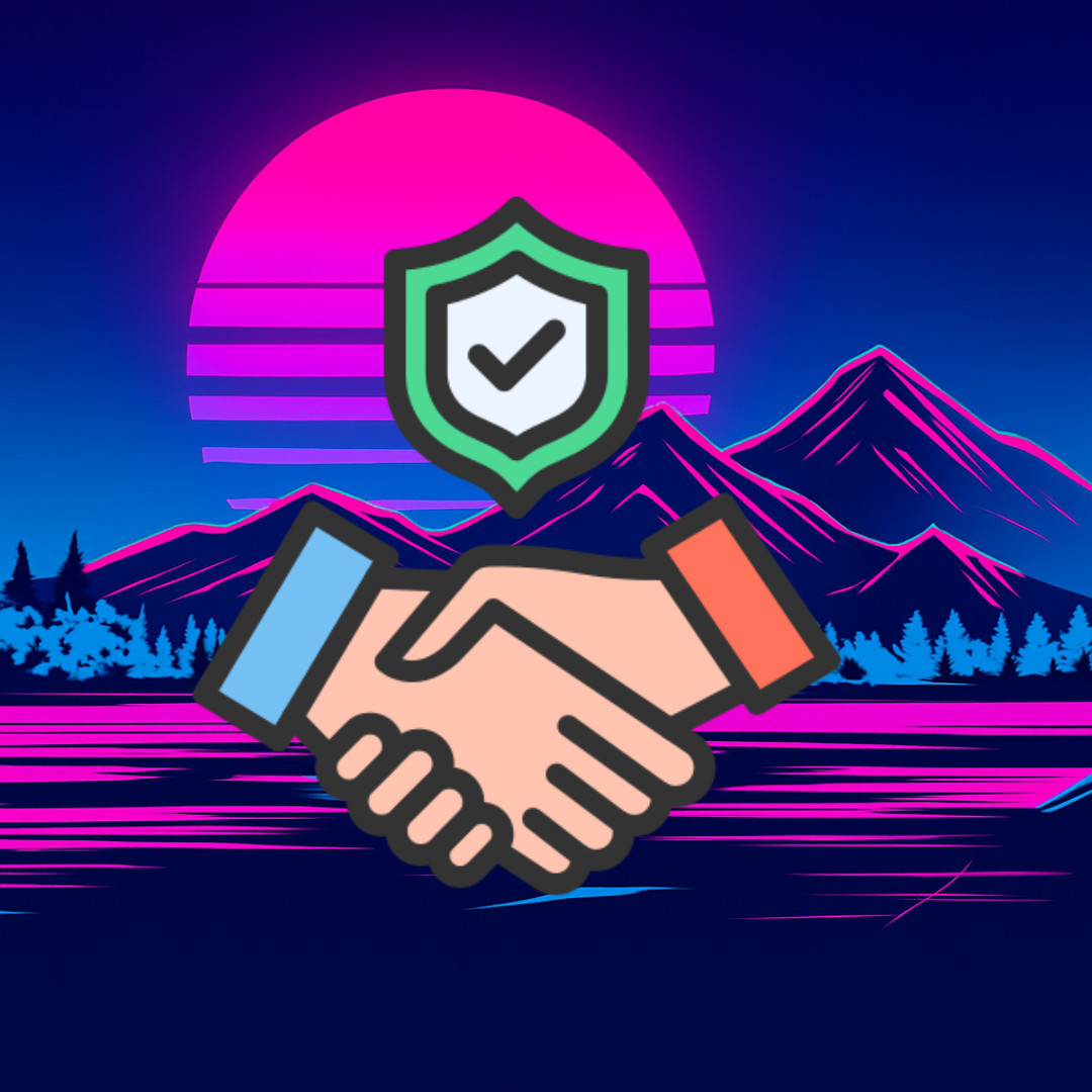 Handshake icon with a shield and checkmark, set against a retro mountain and sunset backdrop.