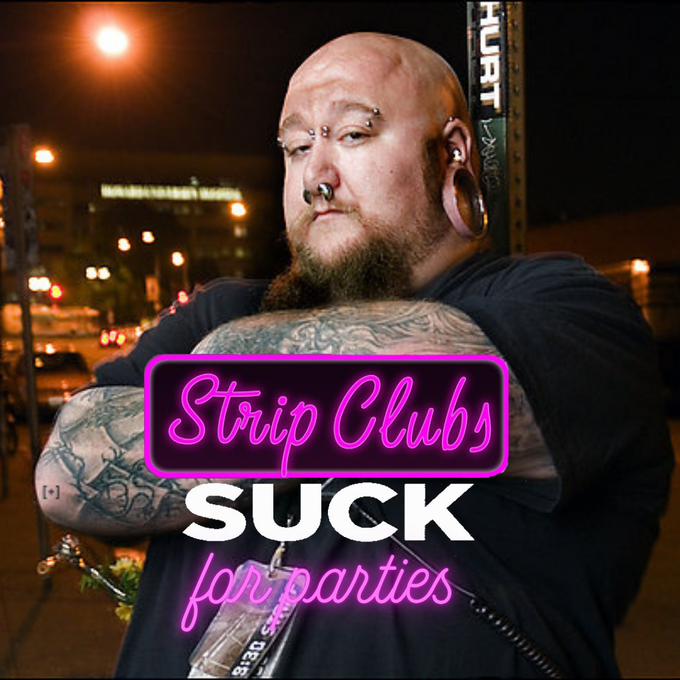 Man with tattoos and piercings in front of a street sign, text