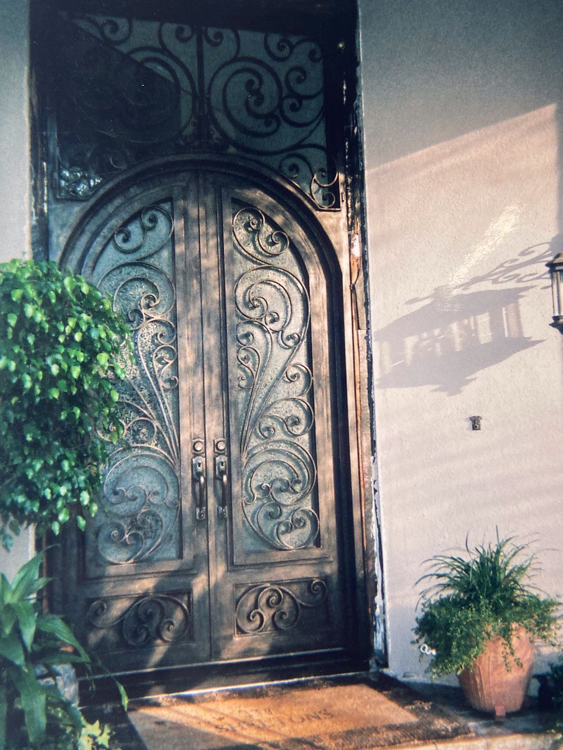 Ornate, arched double doors with wrought iron scrollwork; plants in pots flank the entrance.