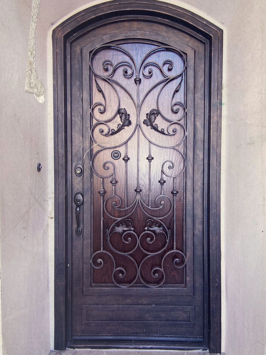 Dark wooden door with ornate wrought iron design.