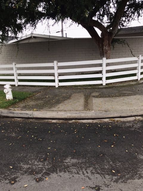 White picket fence curves along a sidewalk, with a tree and building in the background.