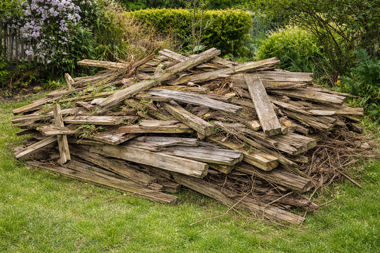 Pile of discarded wood scraps on green grass in a yard.
