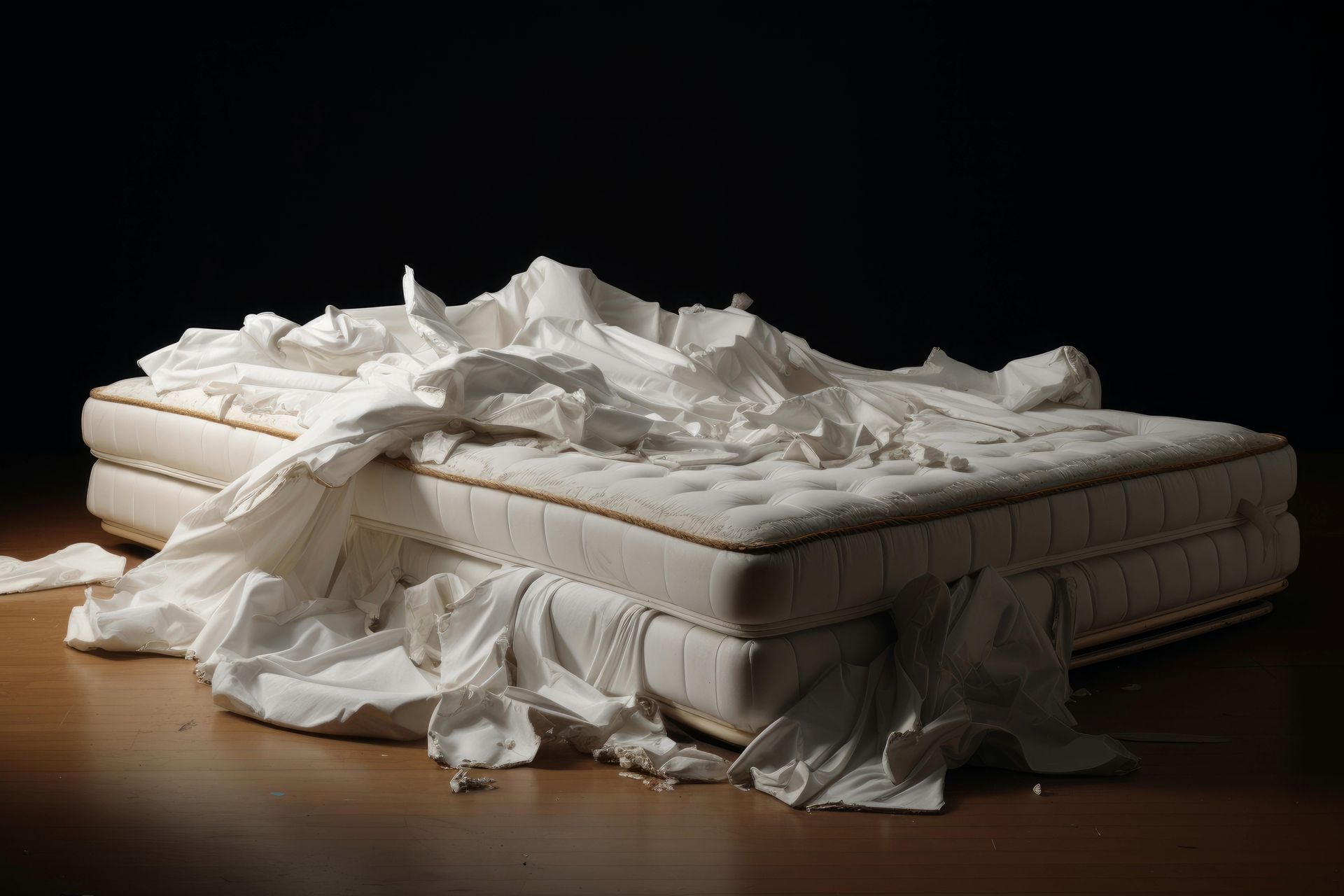 White mattress covered in crumpled white fabric, lit from above, against a dark background.