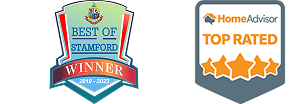 Logos for Google Reviews (5 stars), Best of Stamford Winner 2017-2023, and HomeAdvisor Top Rated.