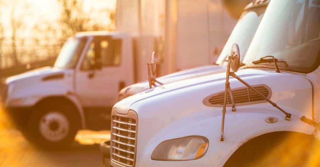 A white moving truck parked in a driveway in front of a house, movers loading furniture.