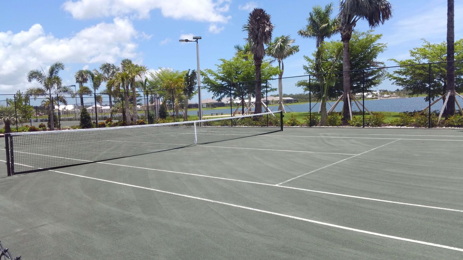 a tennis court with palm trees in the background