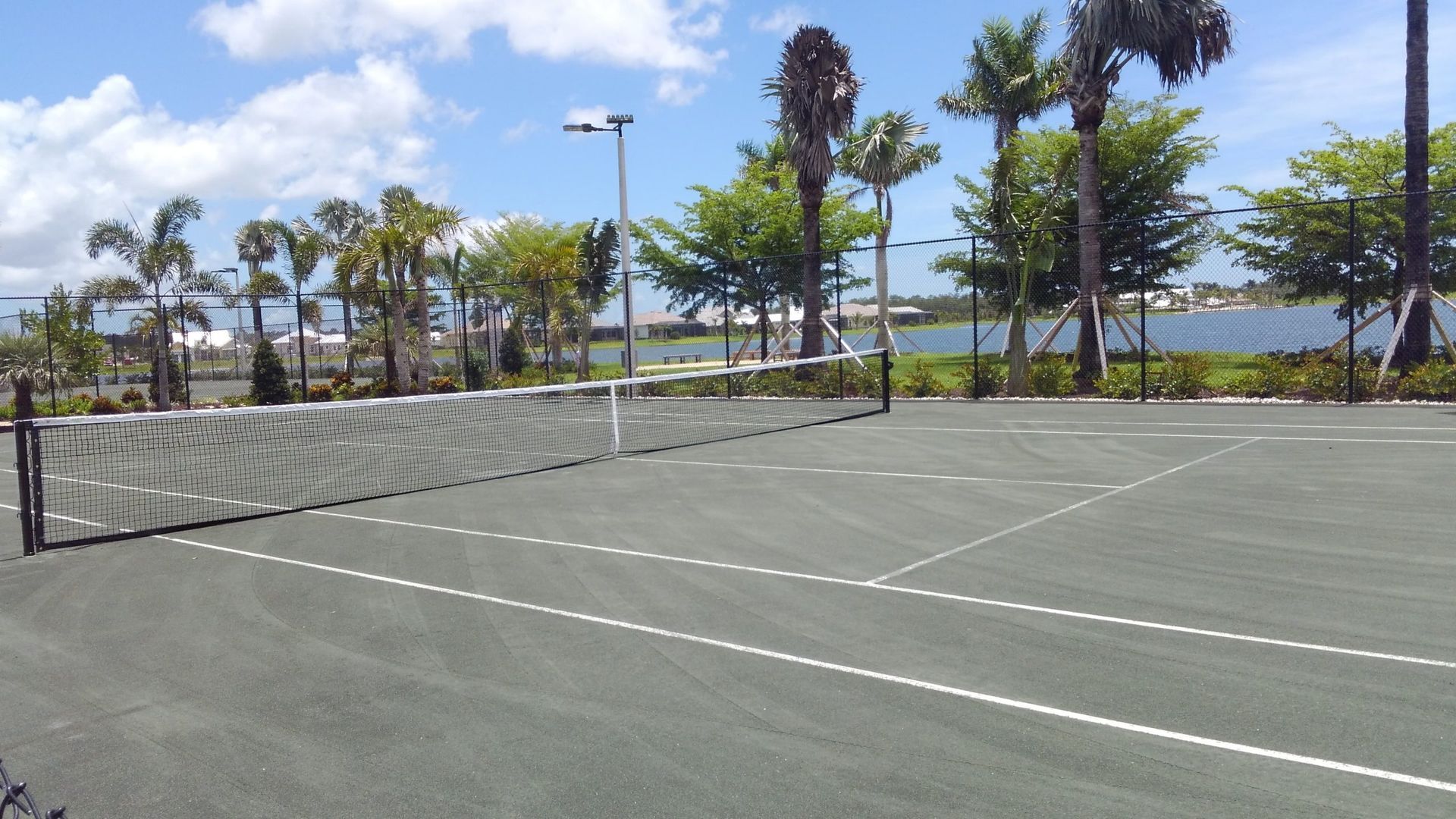 a tennis court with palm trees in the background