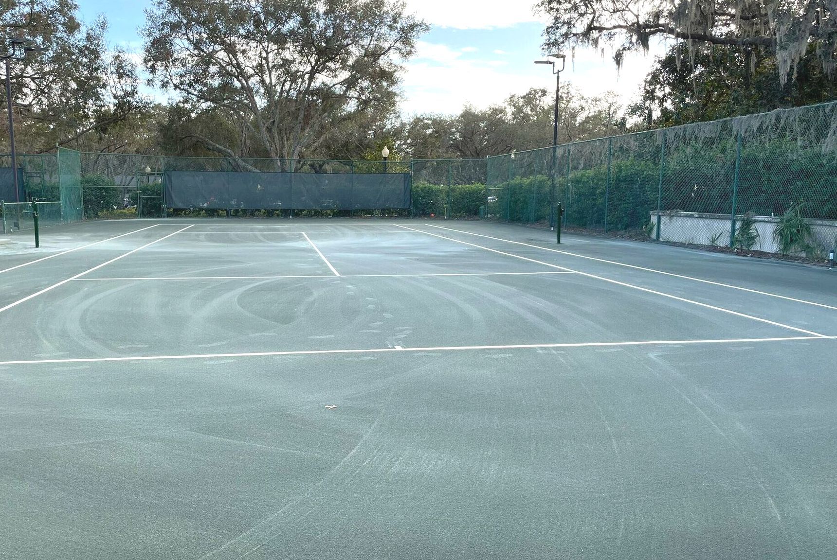 An empty tennis court with trees in the background