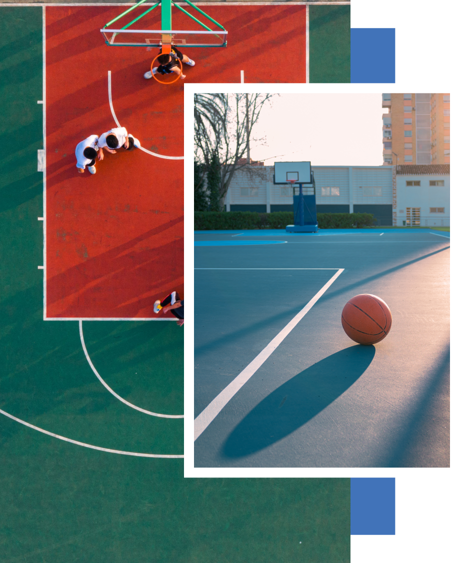 An aerial view of a basketball court with a basketball in the middle