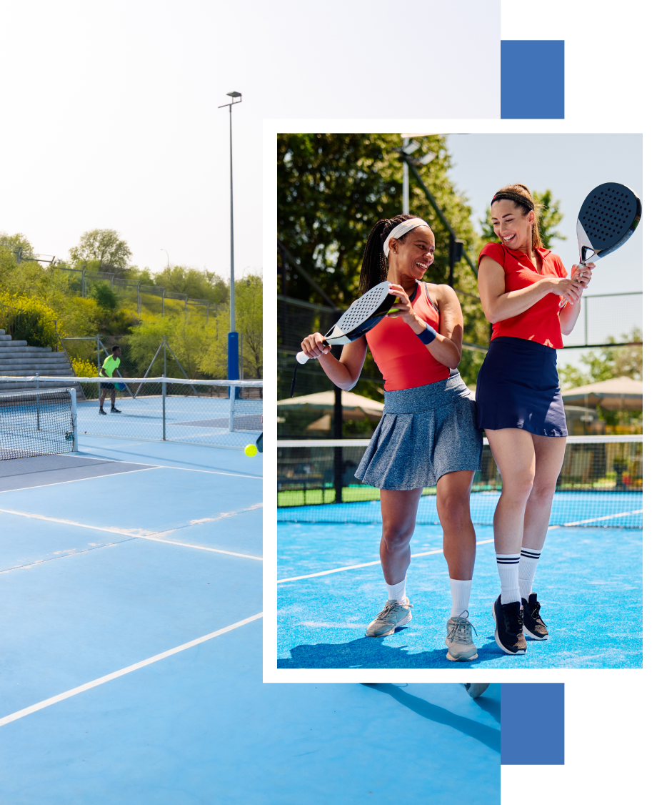 A man is playing pickle ball on a blue court