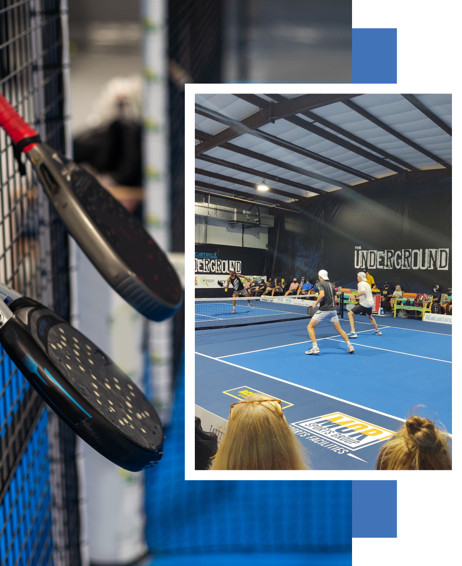 A man is playing pickle ball on a blue court