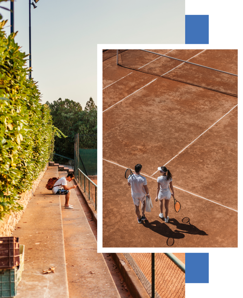 A man and a woman are walking on a tennis court