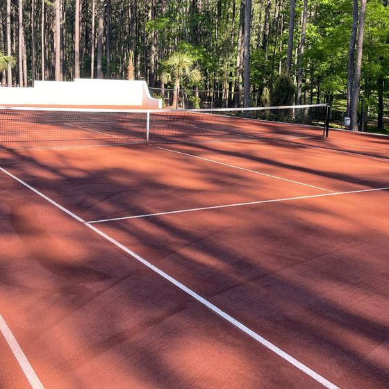 A tennis court in the middle of a forest