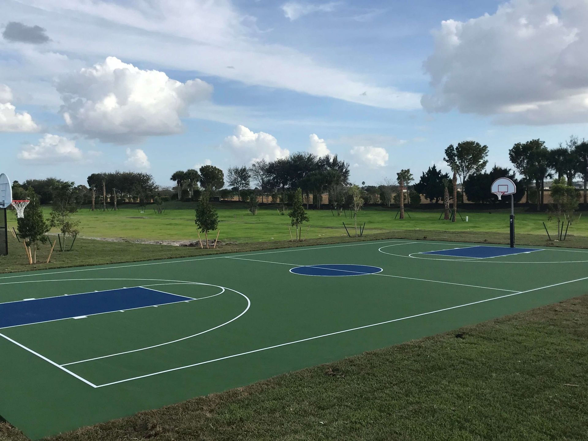 a basketball court in a park with trees in the background