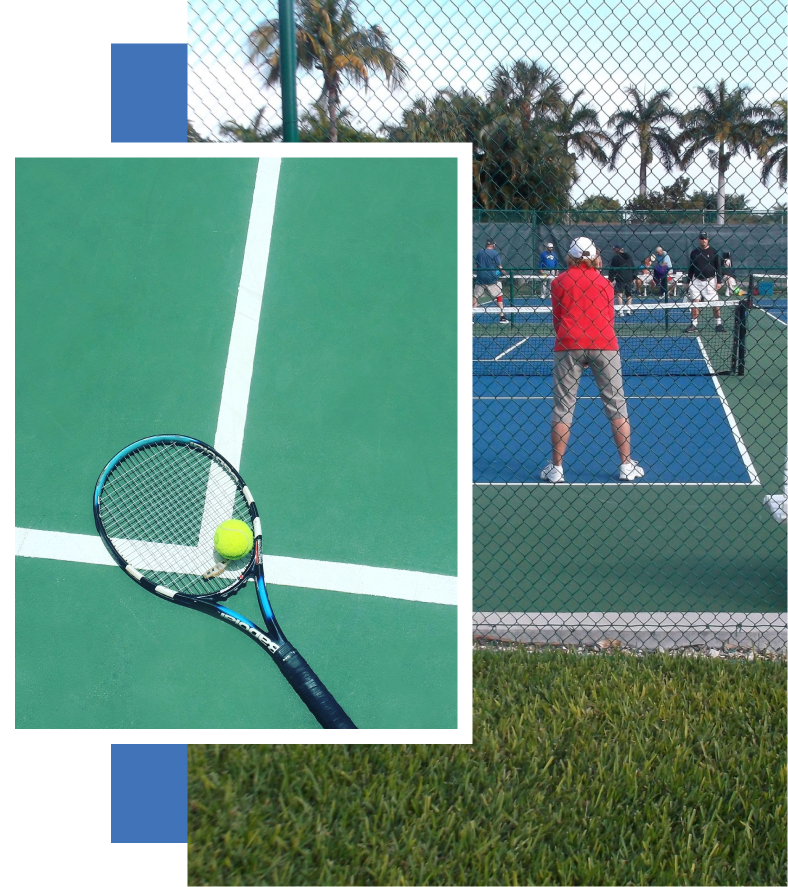 A tennis ball is on the court next to a tennis racket