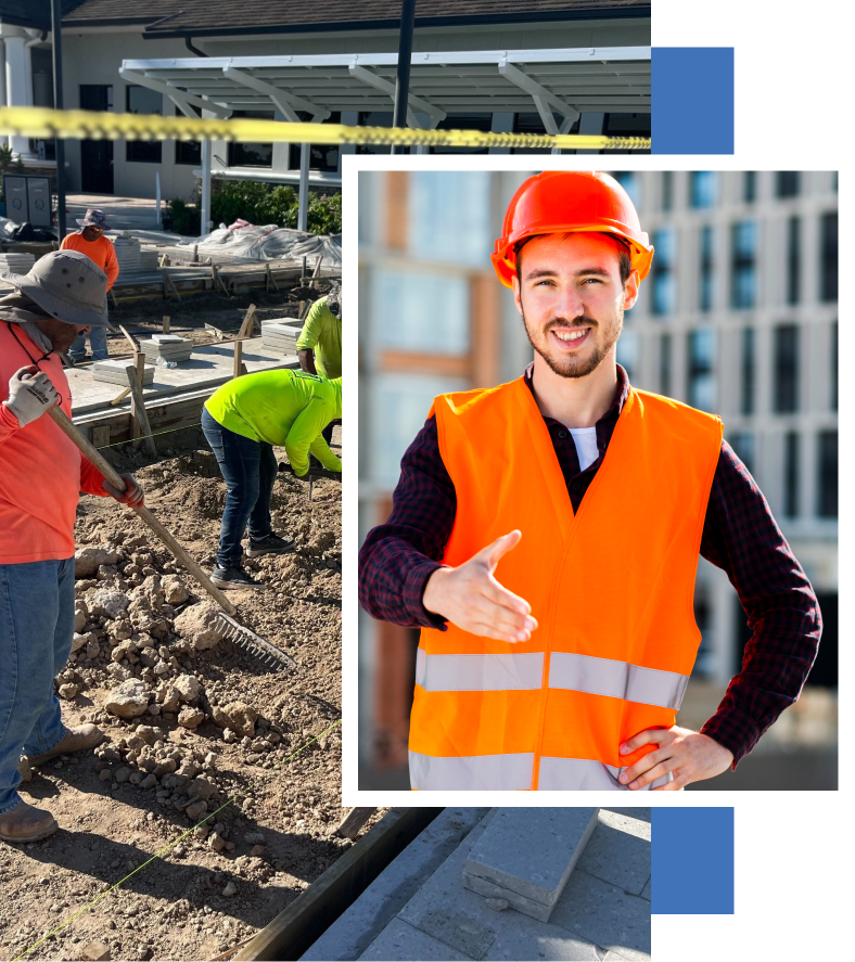 A construction worker wearing an orange vest and hard hat