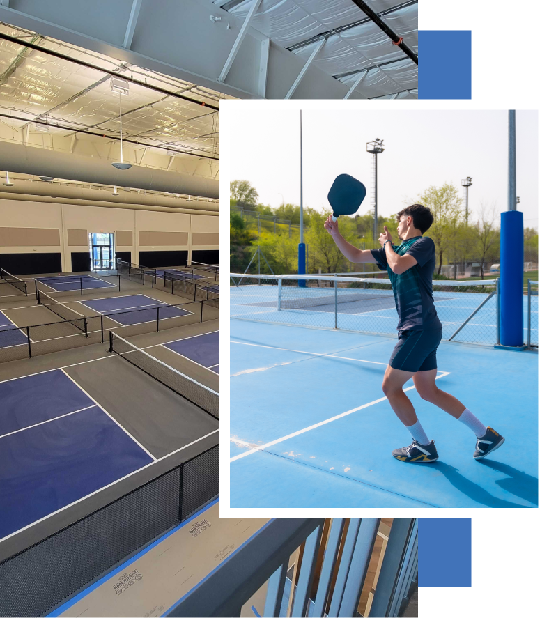 A man is playing pickle ball on a blue court