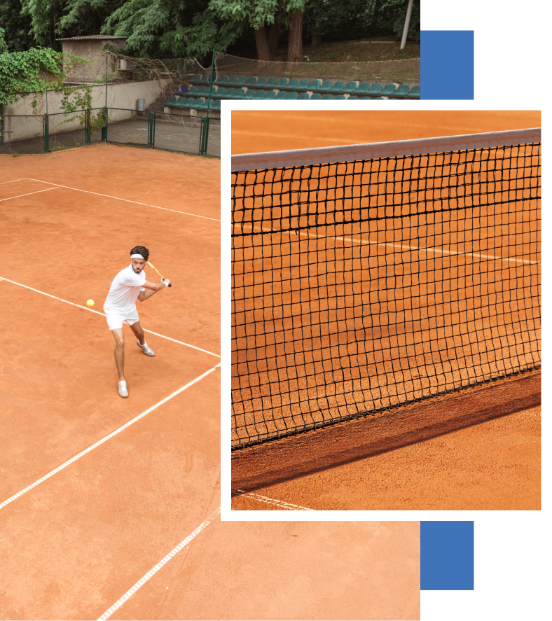 A man is hitting a tennis ball on a court