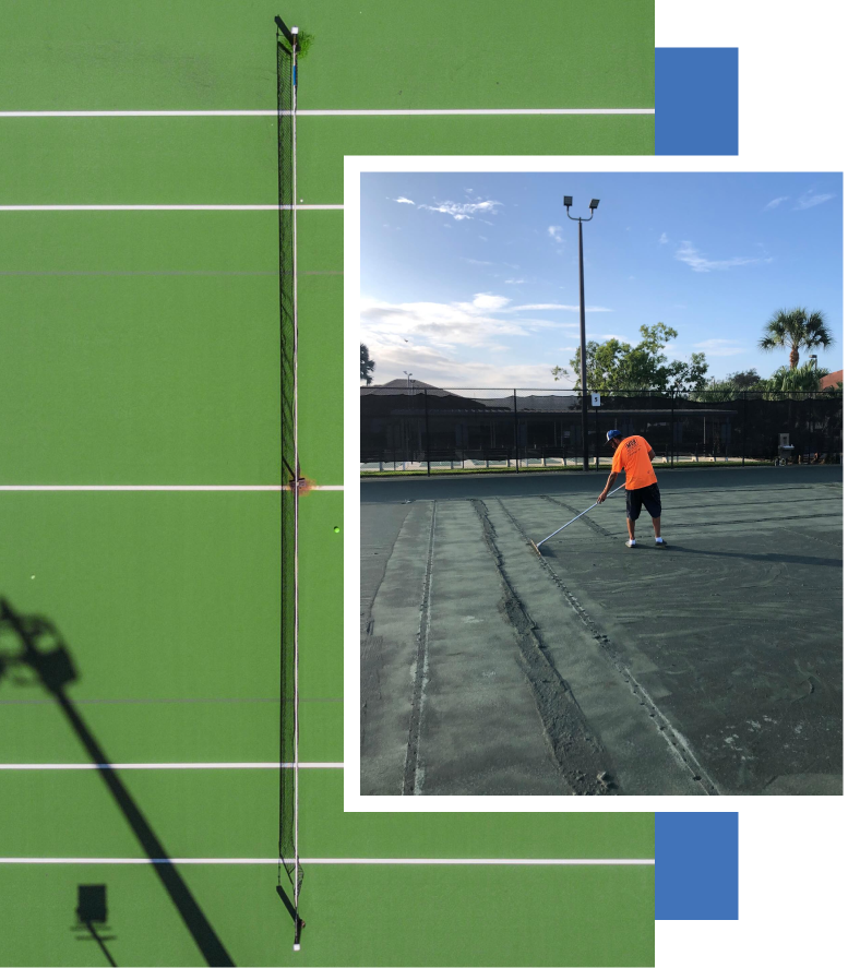 A man in an orange shirt is playing tennis on a court