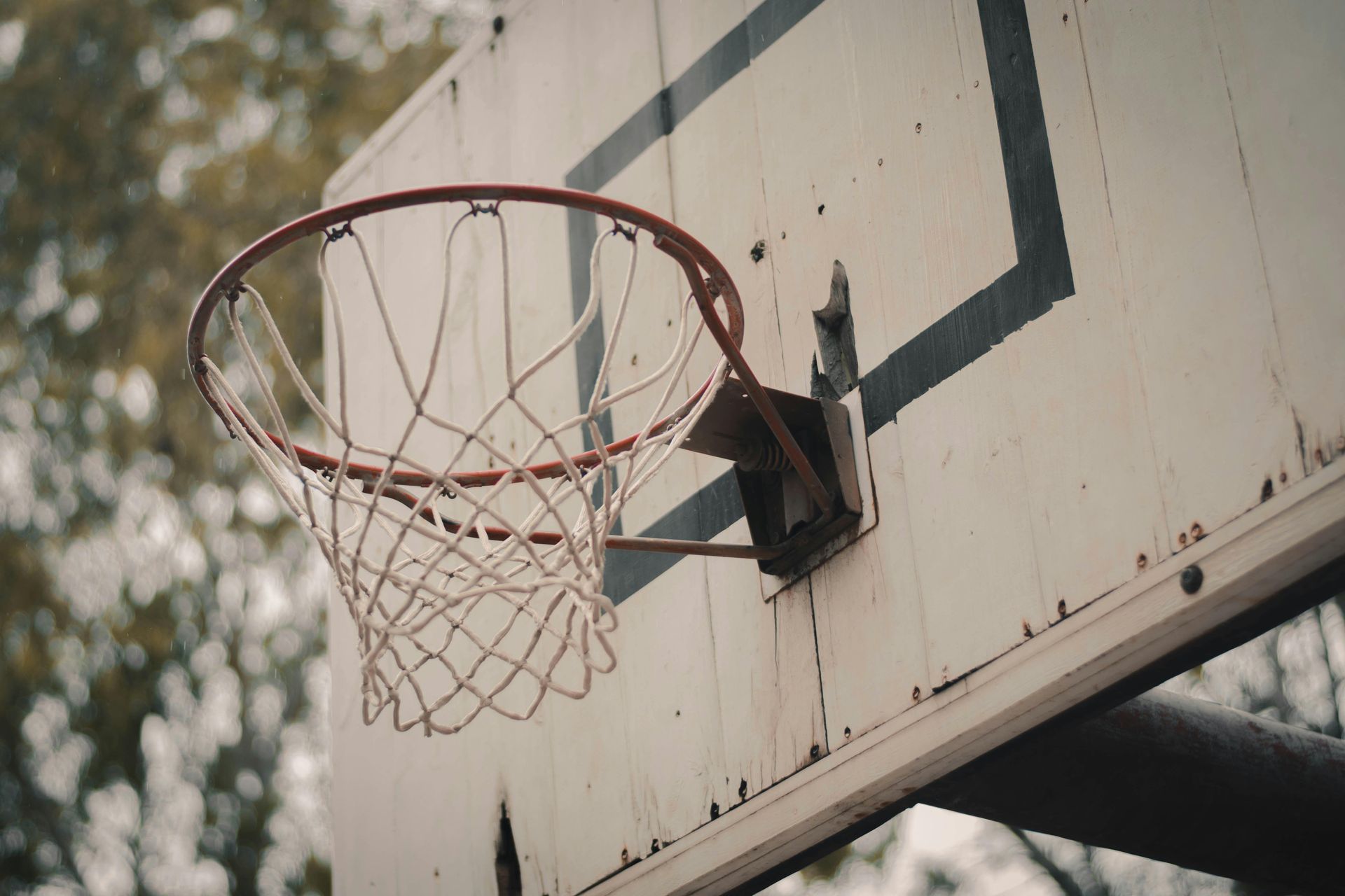 Basketball hoop with weathered backboard and net, set against blurry trees.