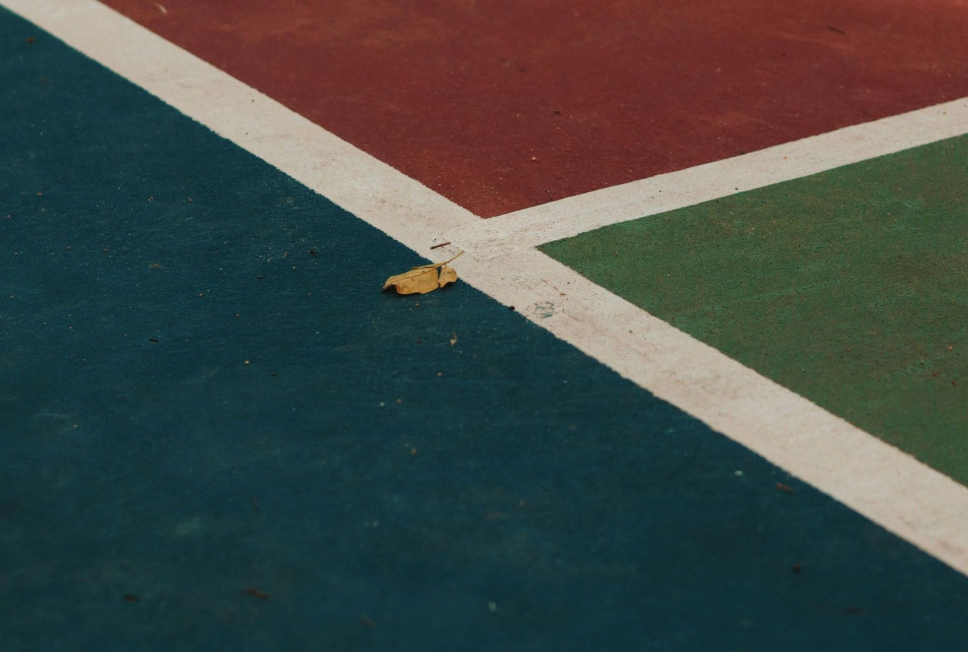 A leaf is laying on the corner of a tennis court.