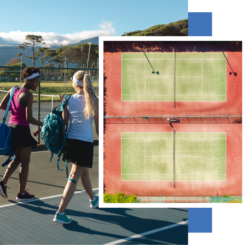 Two women walking on a tennis court next to a picture of a tennis court